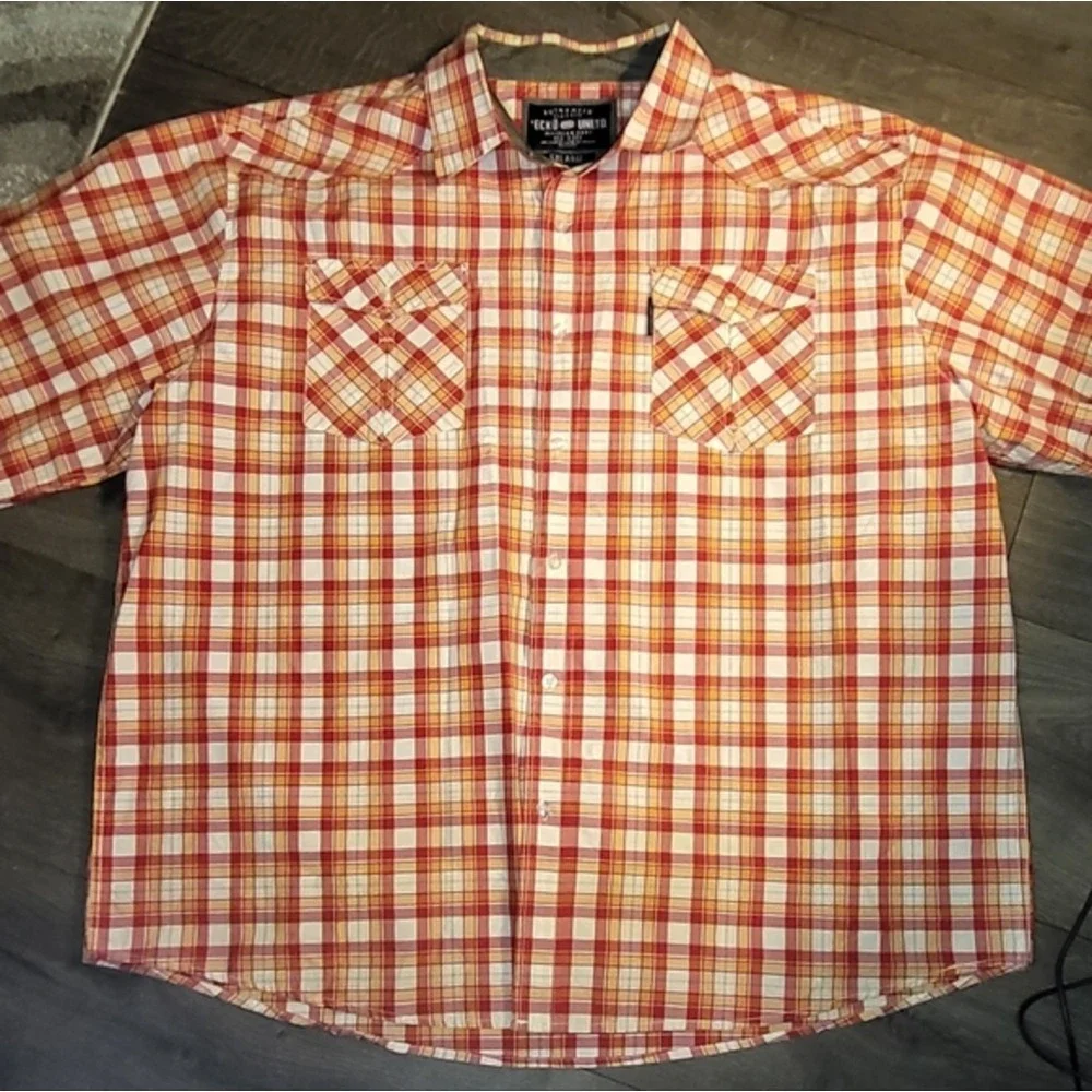 Ecko Unltd Mens 5XL Red Orange Plaid Short Sleeve‎ Western Button Down Shirt